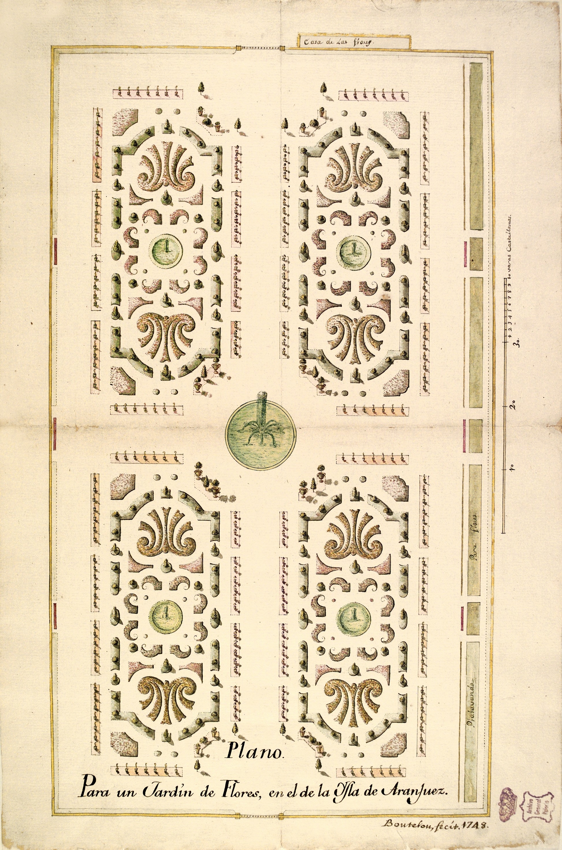 Plano histórico coloreado de un jardín de flores con parterres en la Isla de Aranjuez.