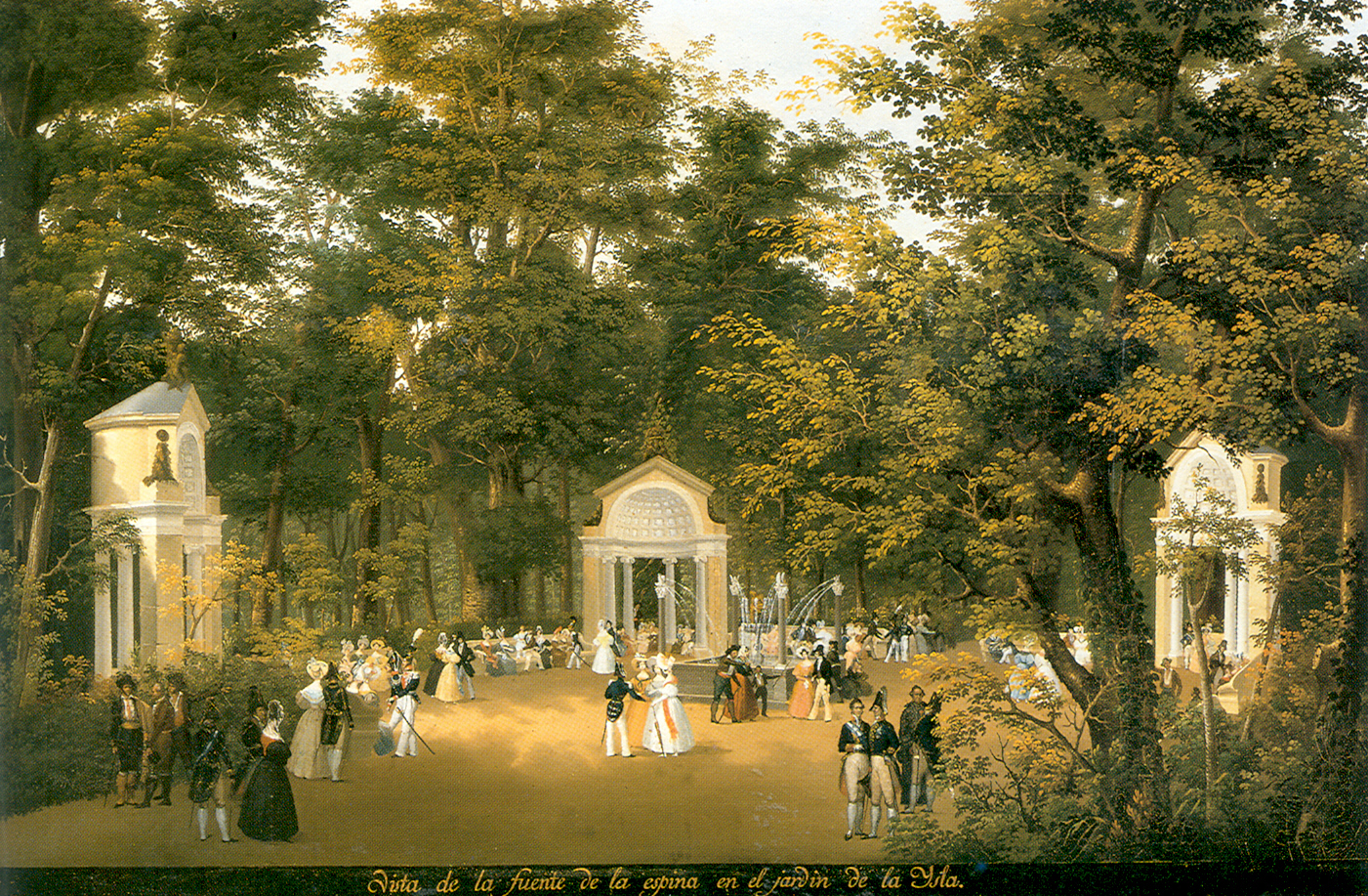 Pintura de un jardín con templetes clásicos y elegantes paseantes en el jardín de la Isla.