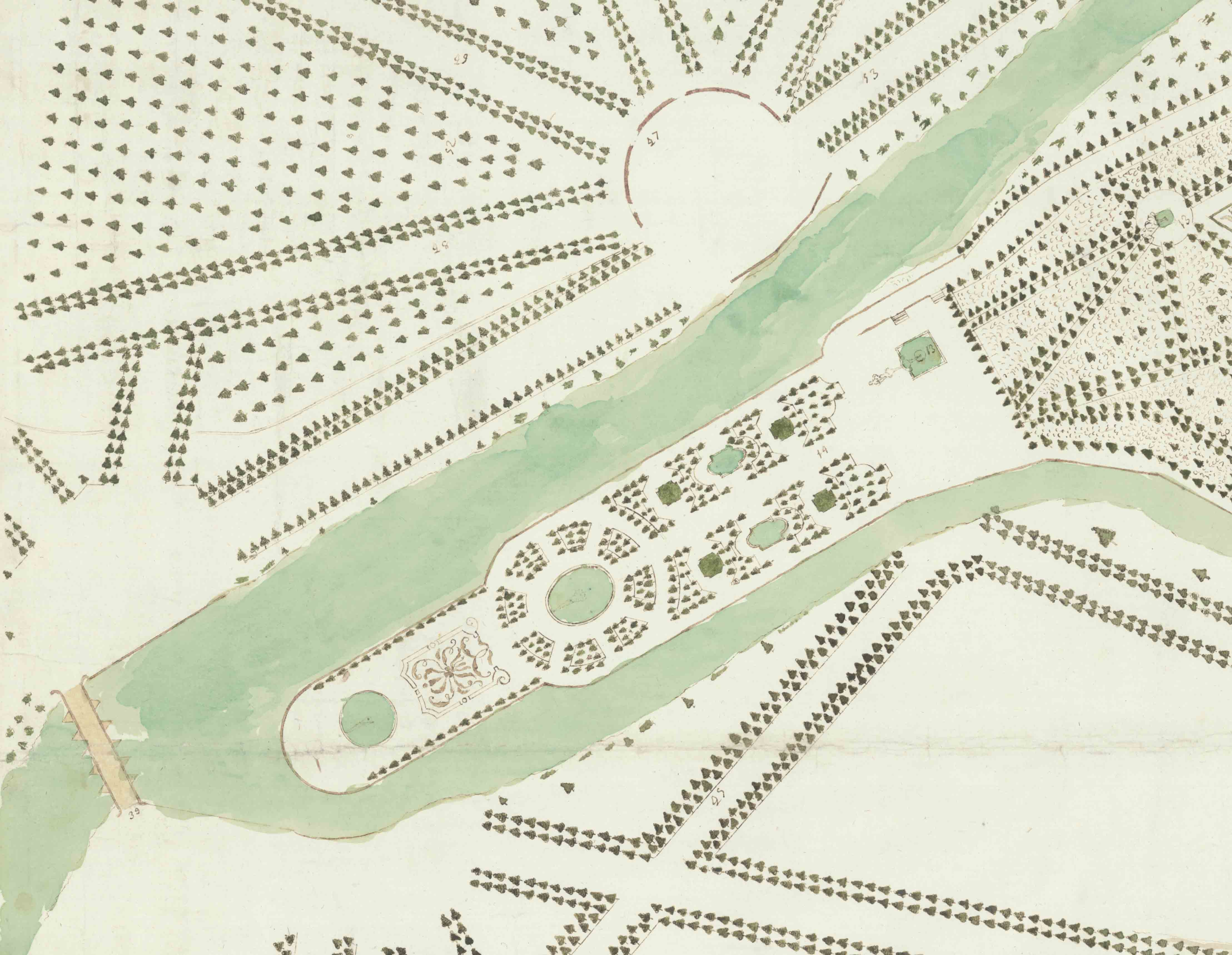 Plano histórico del jardín de la Isla con hileras de árboles y parterres junto al río.