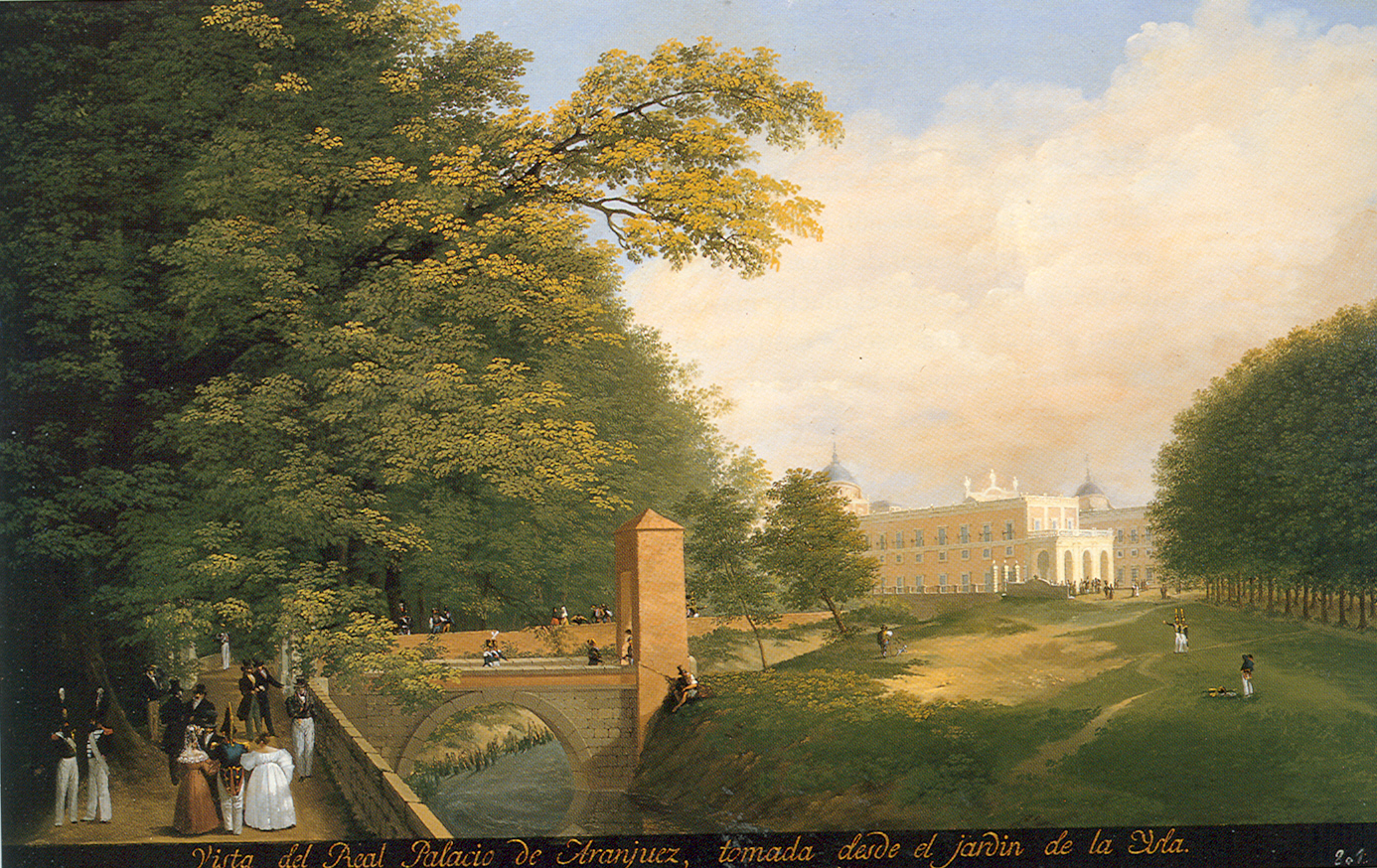 Pintura del Real Palacio de Aranjuez visto desde el jardín de la Isla, con puente y paseantes.