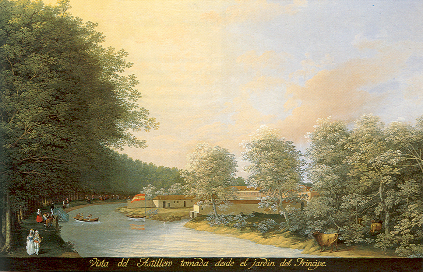Pintura del astillero junto al río visto desde el Jardín del Príncipe, con barcas.
