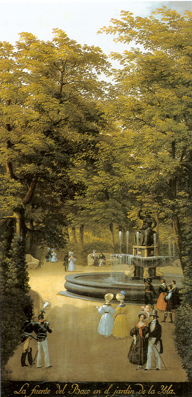 Pintura de la fuente de Baco en el jardín de la Isla, con paseantes entre la arboleda.