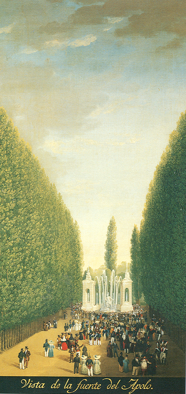 Pintura de la fuente de Apolo al fondo de una alameda, con numerosos paseantes.