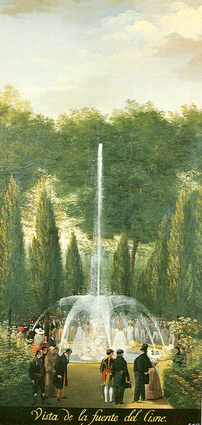 Pintura de la fuente del Cisne con un alto surtidor y paseantes entre cipreses.