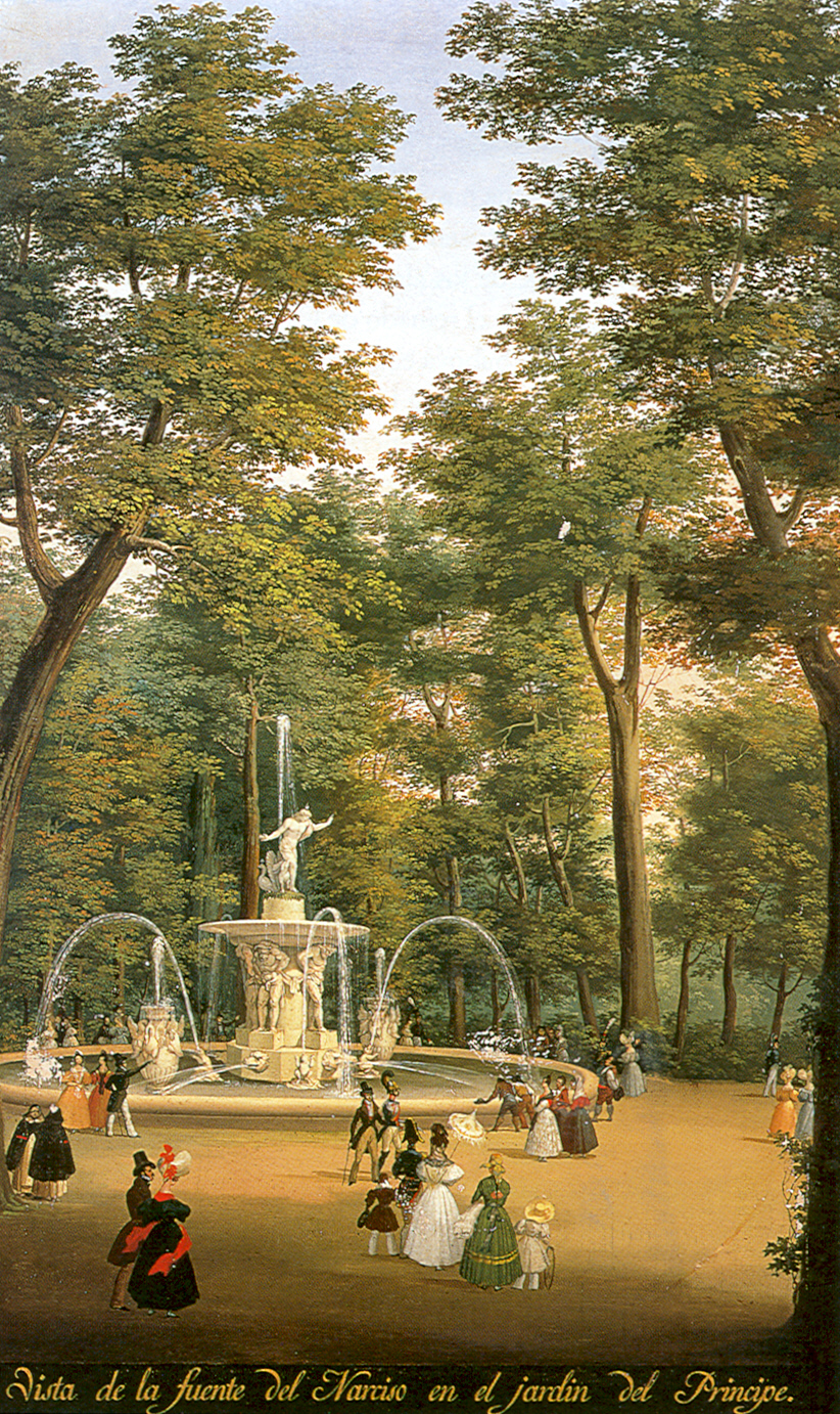 Pintura de la fuente del Narciso en el Jardín del Príncipe, con numerosos paseantes.
