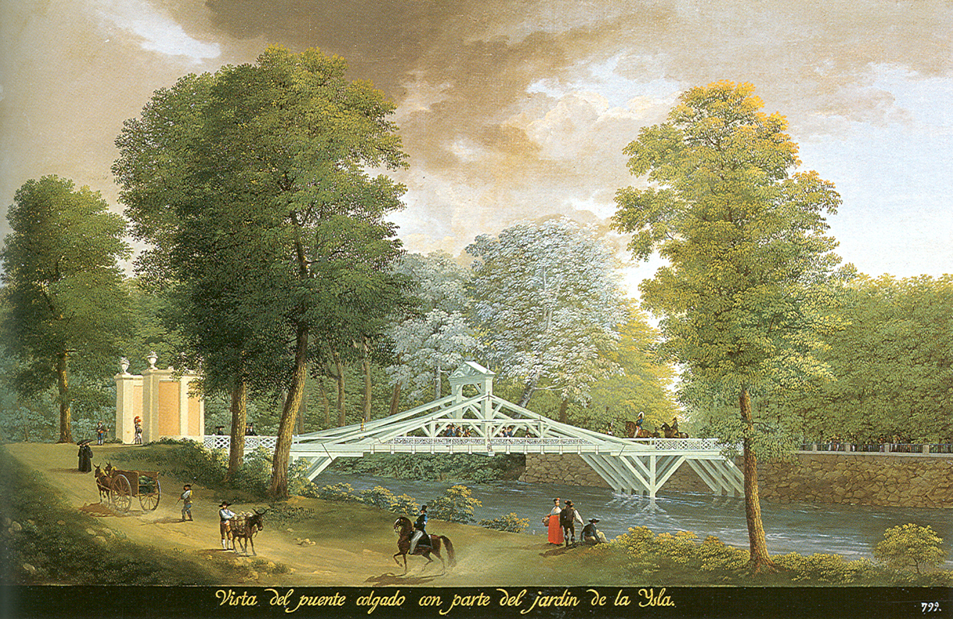 Pintura del puente colgante sobre el río en el jardín de la Isla, con jinetes y un carruaje.
