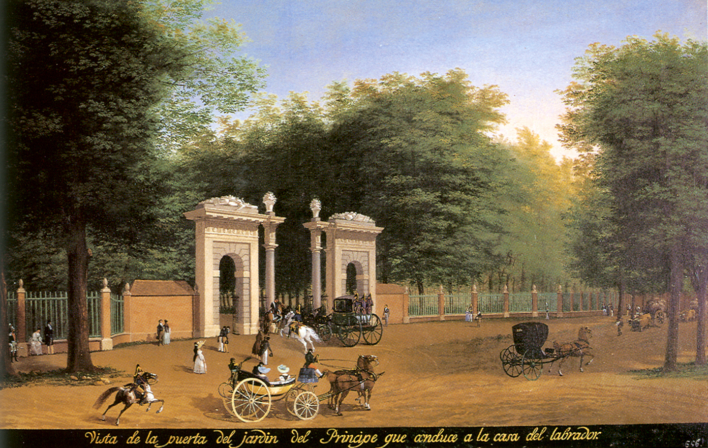 Pintura de la puerta del Jardín del Príncipe con carruajes y paseantes.