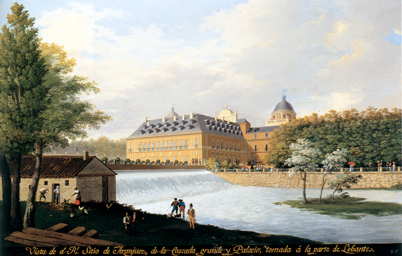 Pintura del palacio de Aranjuez y la cascada grande junto al río, con pescadores.