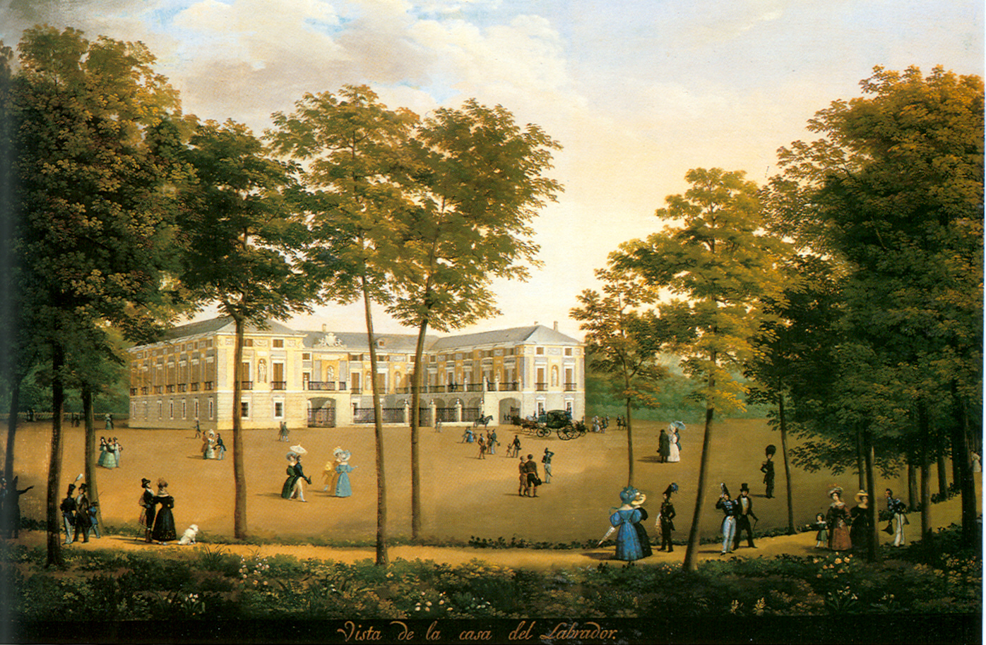 Pintura de la Casa del Labrador rodeada de árboles, con numerosos paseantes.