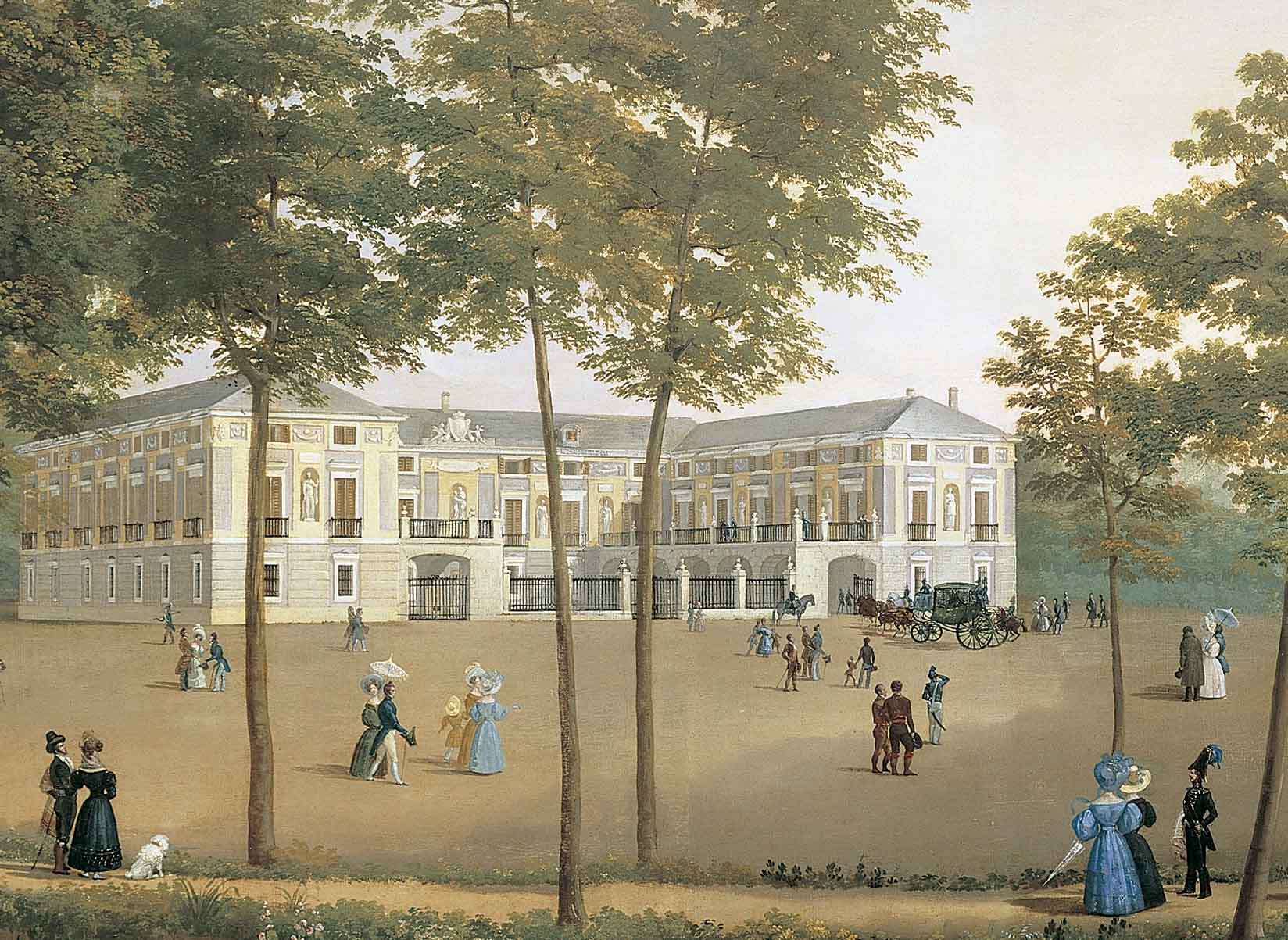 Pintura de la Casa del Labrador entre árboles, con paseantes y un carruaje.
