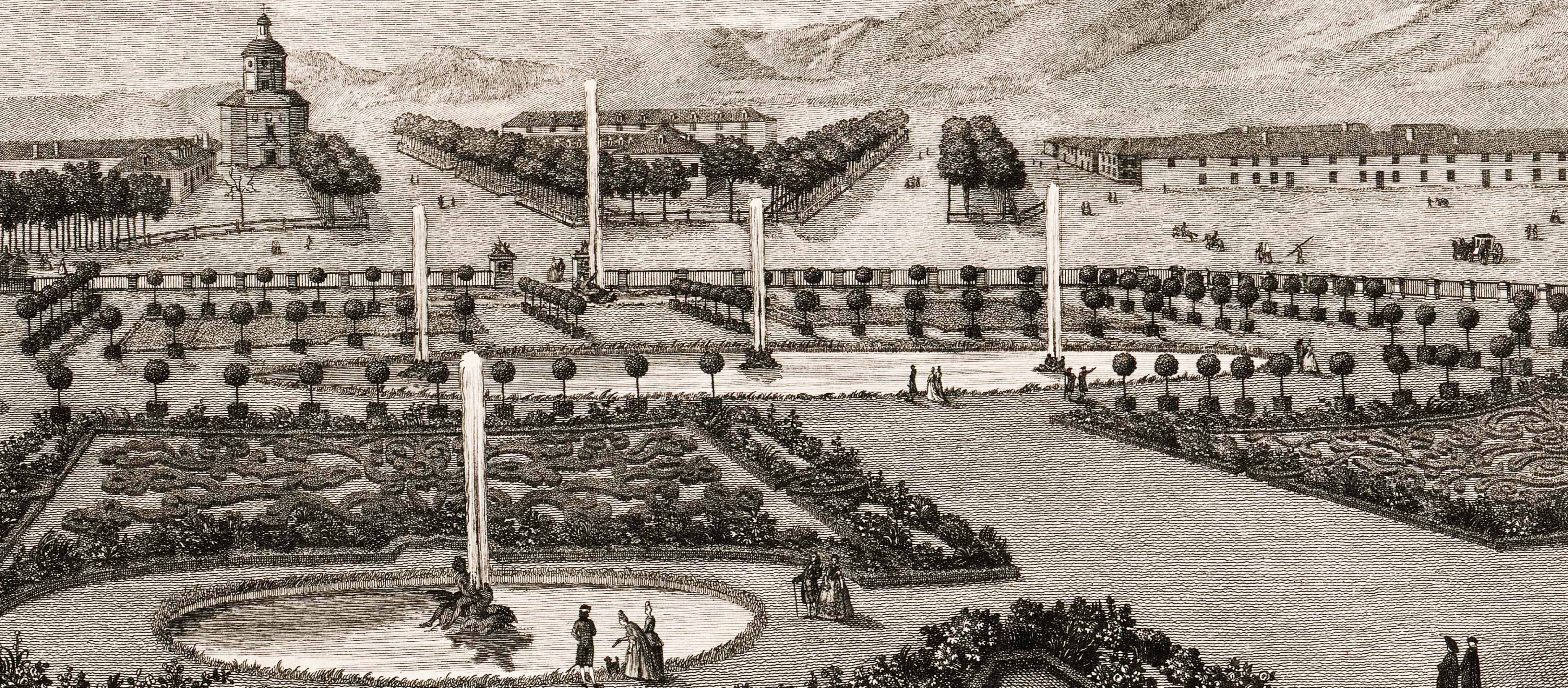 Grabado de un jardín formal con obeliscos, fuentes y paseantes.