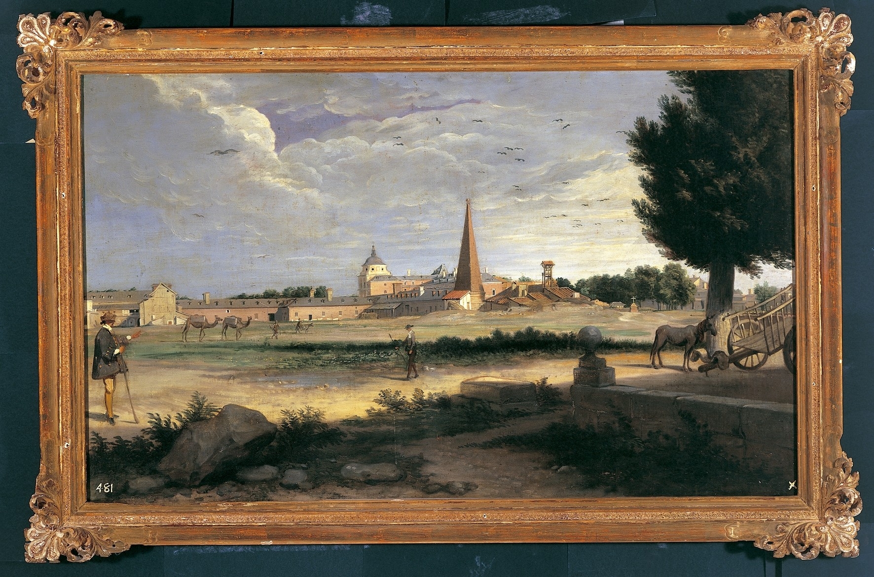 Pintura enmarcada de las Casas de Oficios y el palacio de Aranjuez, con un obelisco y camellos.
