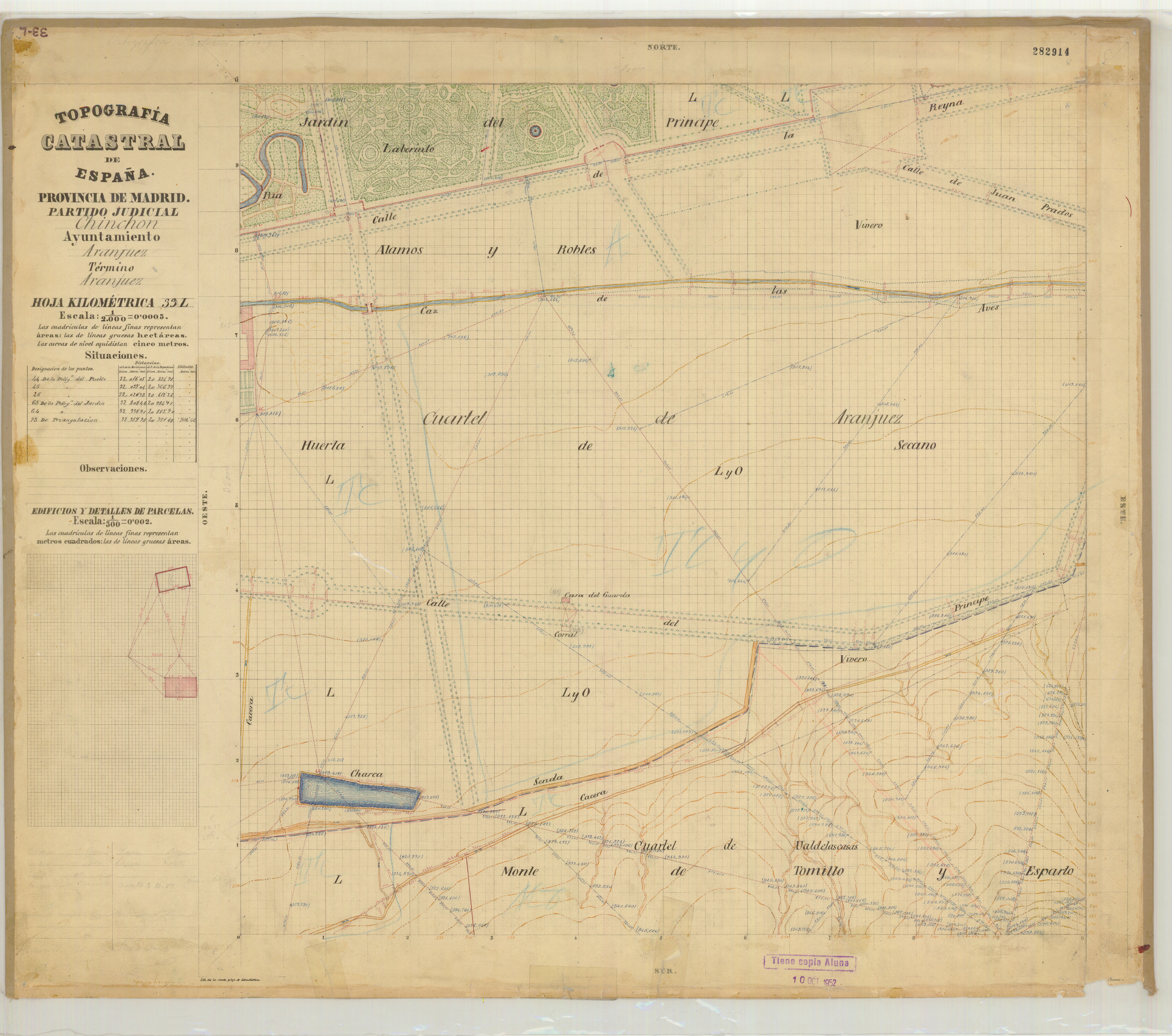 Plano topográfico catastral de Aranjuez con parcelas, caminos y cuarteles.