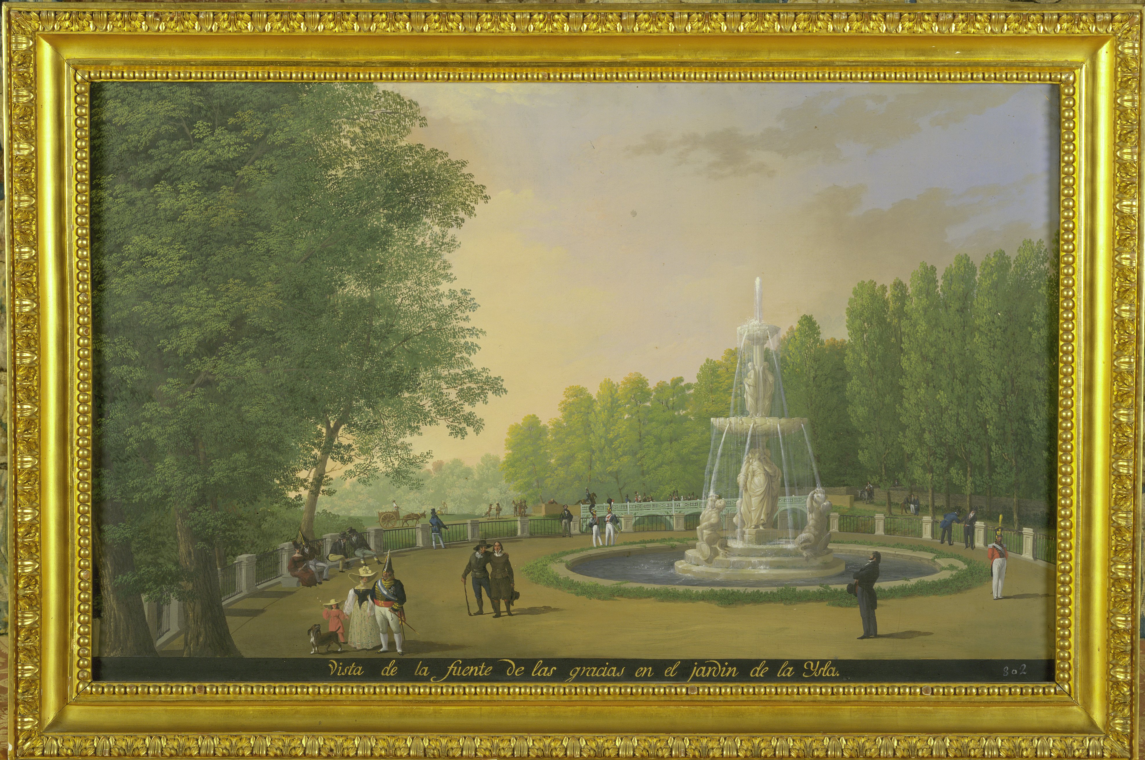 Pintura enmarcada de una fuente blanca en el jardín de la Isla, rodeada de paseantes y arboleda.