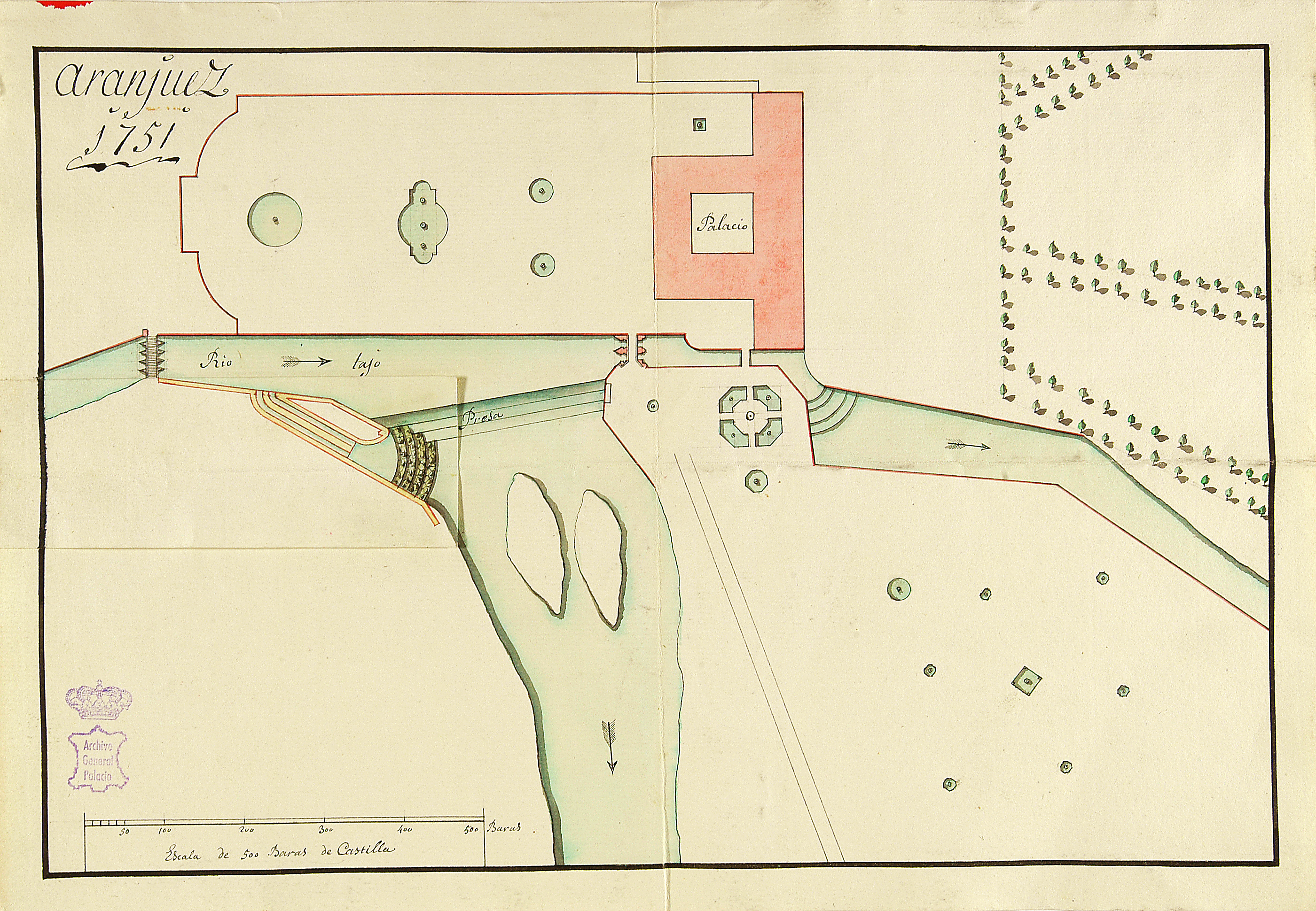 Plano histórico coloreado de Aranjuez de 1751 con el palacio, el río y la presa.