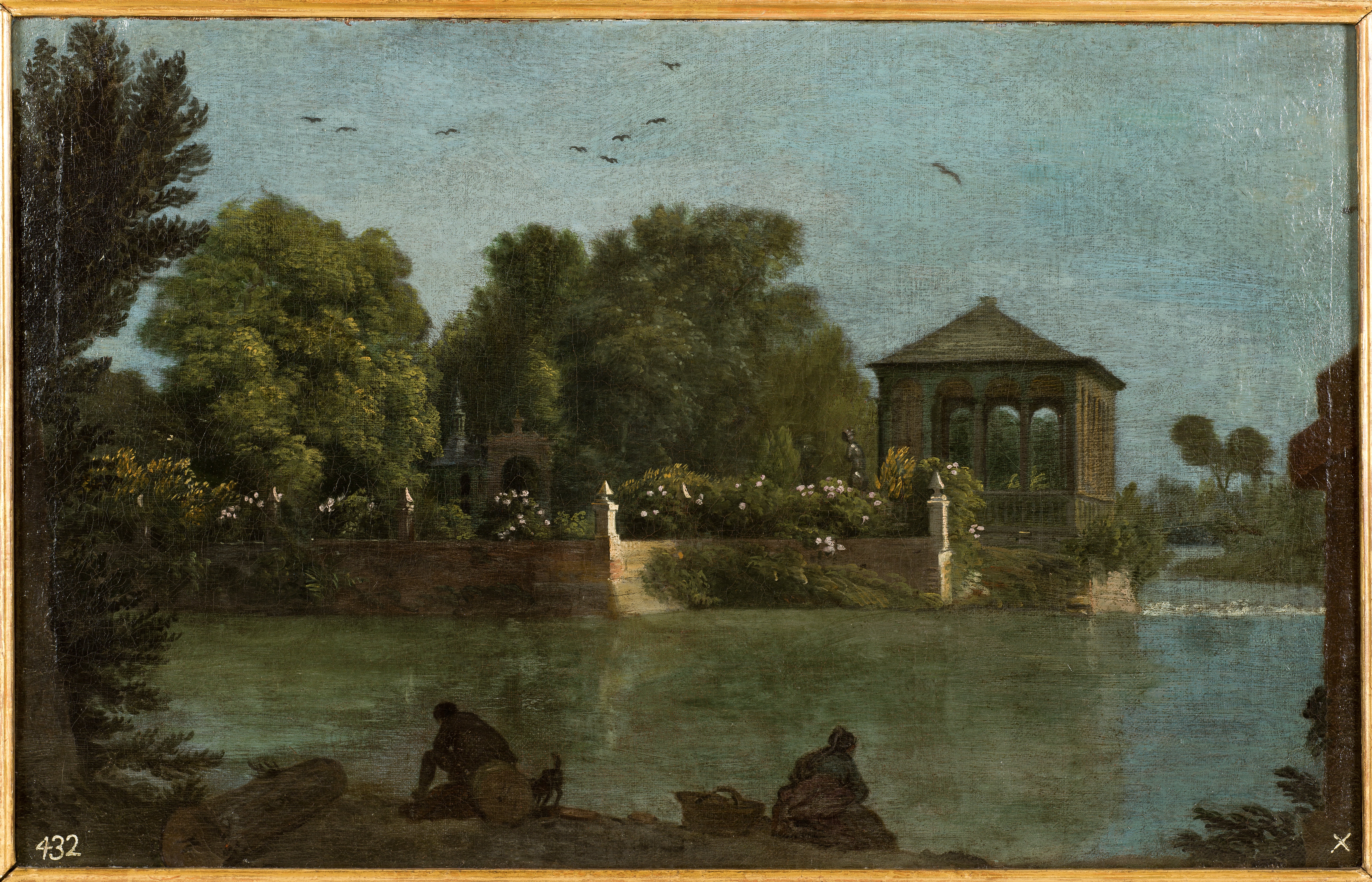 Pintura enmarcada de un estanque del jardín con un templete y figuras pescando.