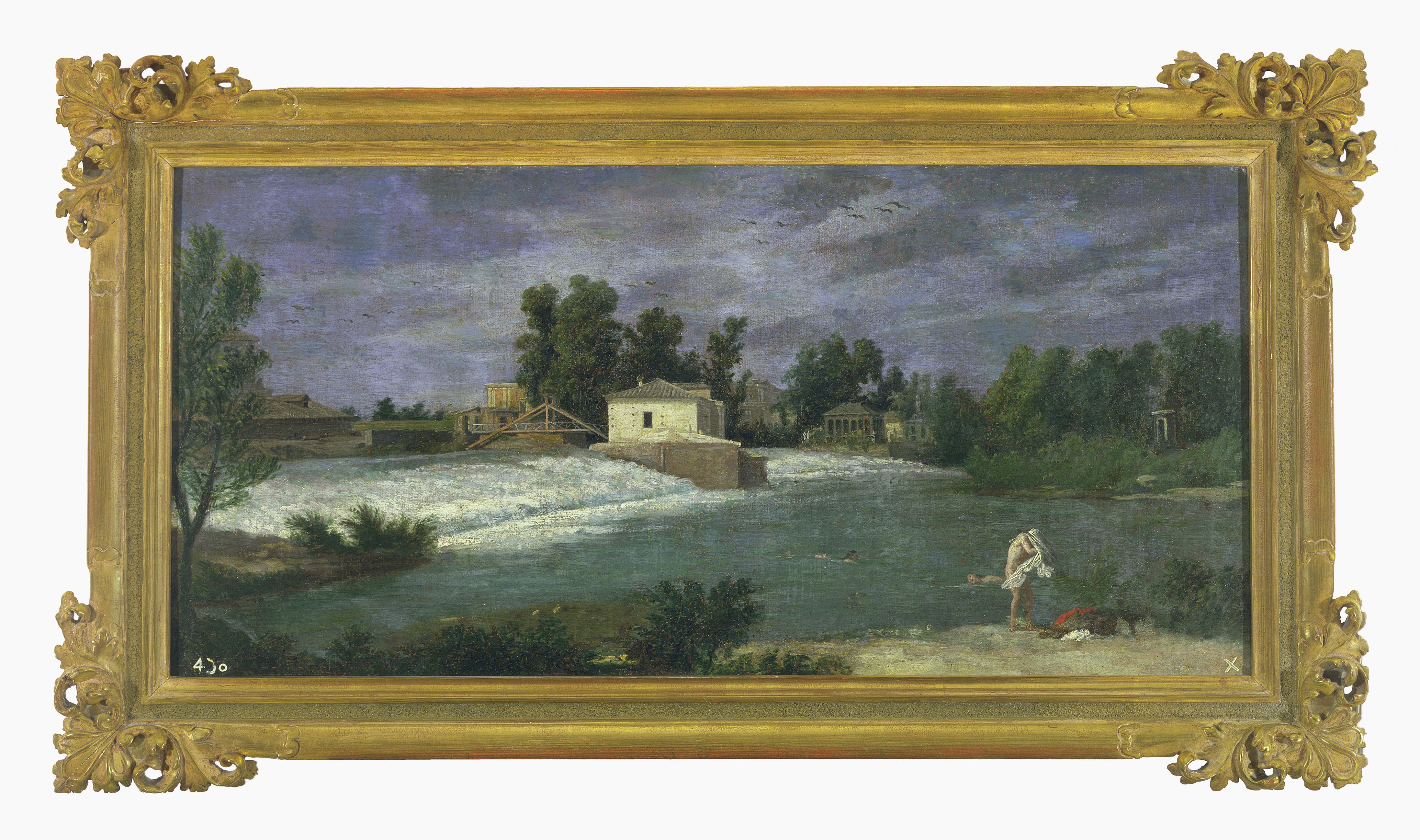 Pintura enmarcada de una presa en el río con edificios y cielo nuboso.