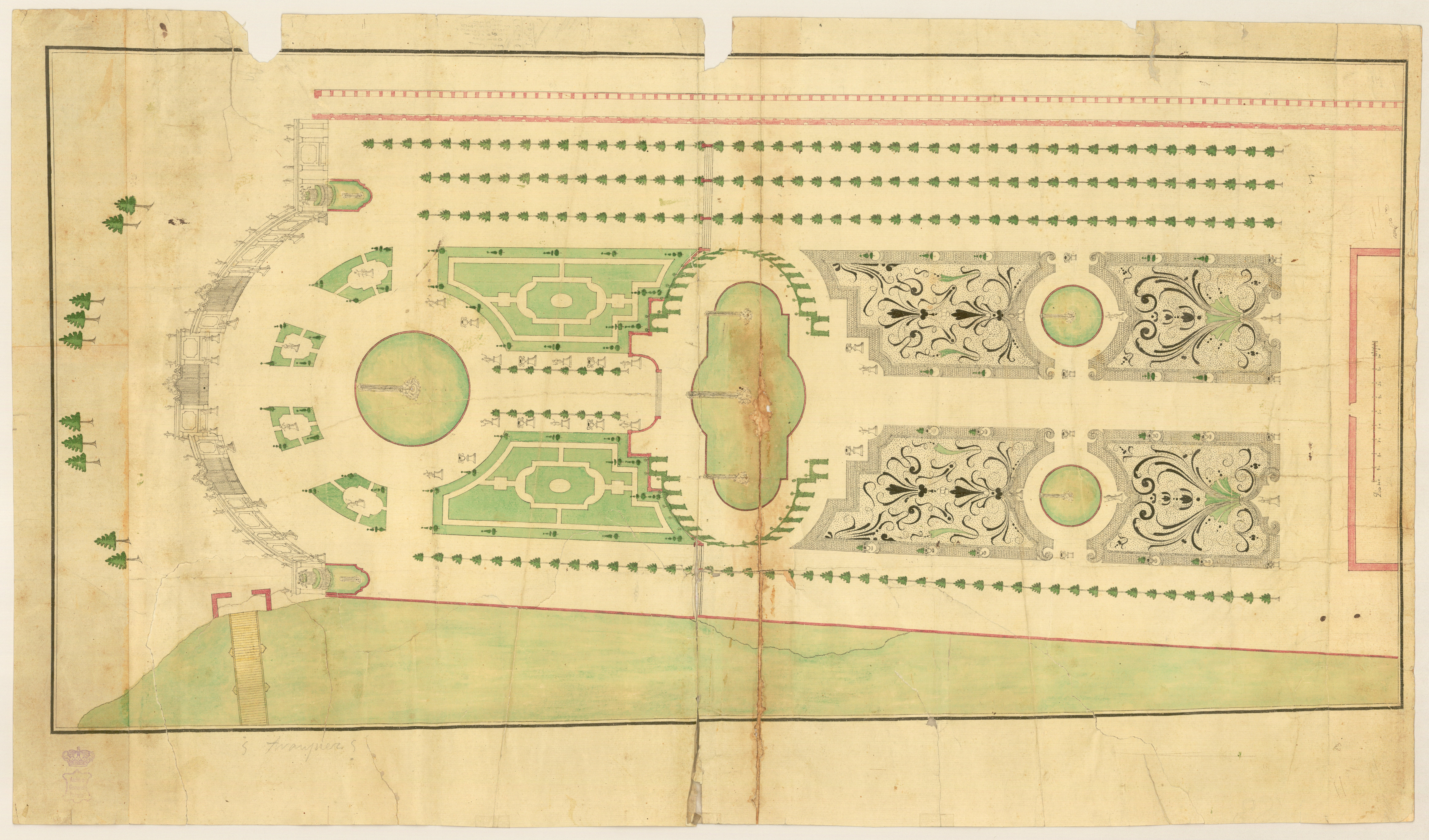 Plano histórico del Jardín del Parterre de Aranjuez con parterres ornamentales y arboledas.