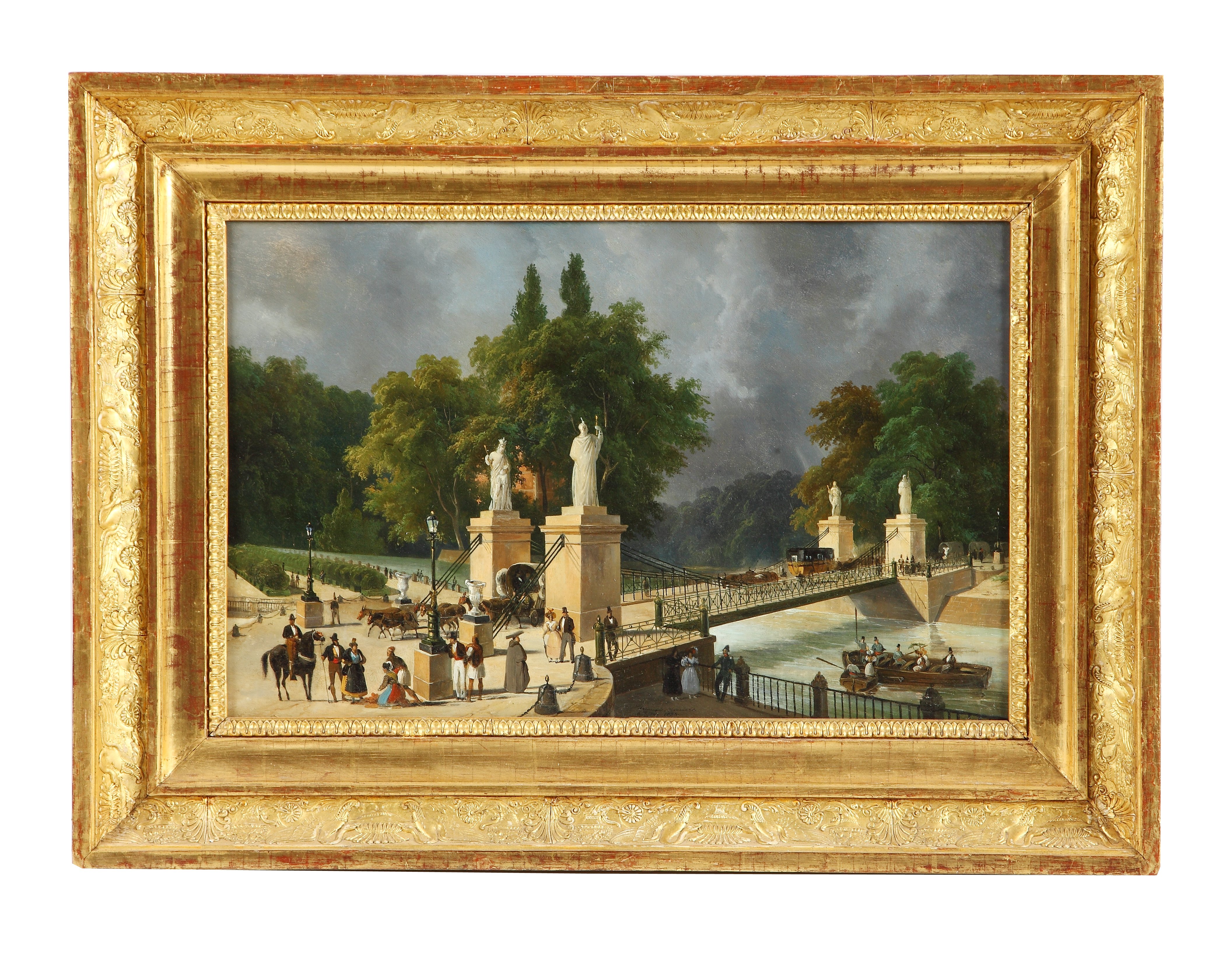 Pintura enmarcada de una portada con esculturas y un puente colgante, con paseantes y cielo nuboso.