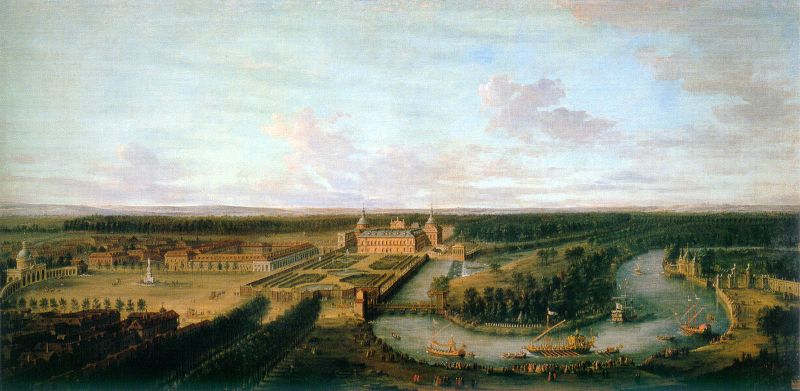 Pintura panorámica del Real Palacio de Aranjuez y el río, con embarcaciones y arboledas.