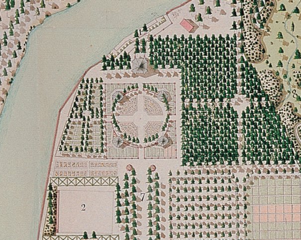 Detalle de un plano coloreado del Jardín del Príncipe con un parterre circular junto al río.