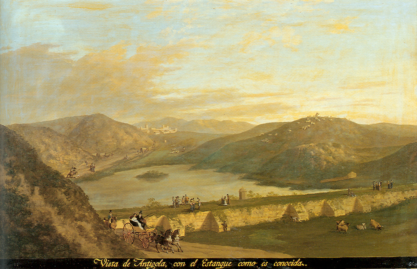 Pintura de paisaje del mar de Ontígola con su estanque entre colinas, con figuras.
