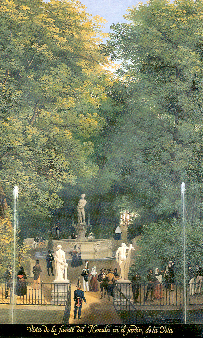 Pintura de la fuente del Hércules en el jardín de la Isla, con surtidores y paseantes.