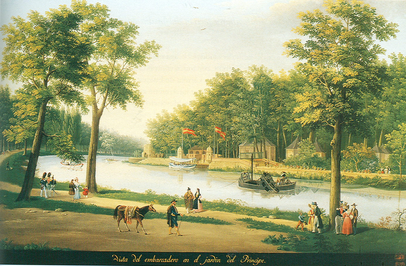 Pintura del embarcadero del Jardín del Príncipe con barcas en el río y paseantes.