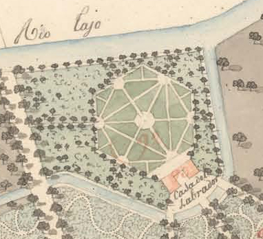 Plano histórico de un jardín hexagonal junto al Tajo, con la Casa del Labrador.