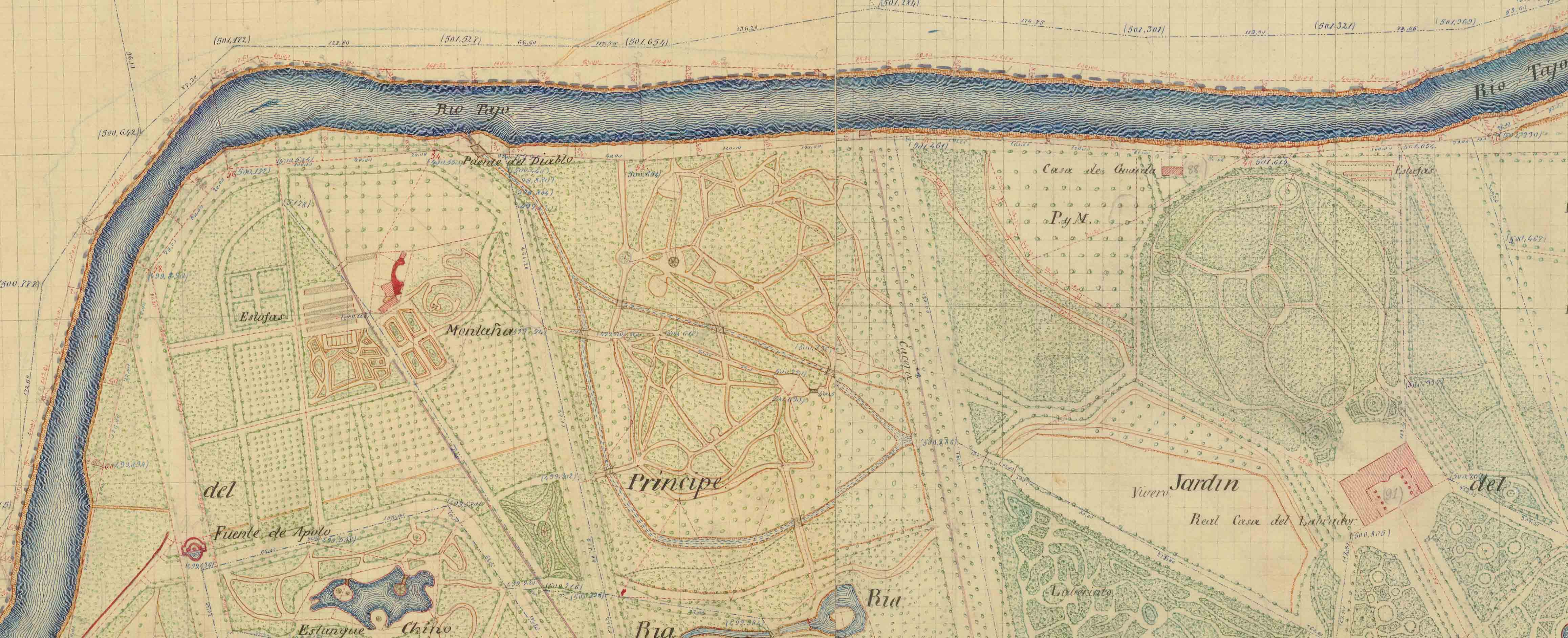 Plano topográfico catastral del Jardín del Príncipe junto al río.
