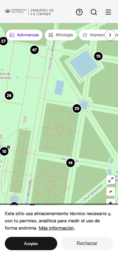 Vista de visita libre con los puntos del jardín y los filtros por temática.